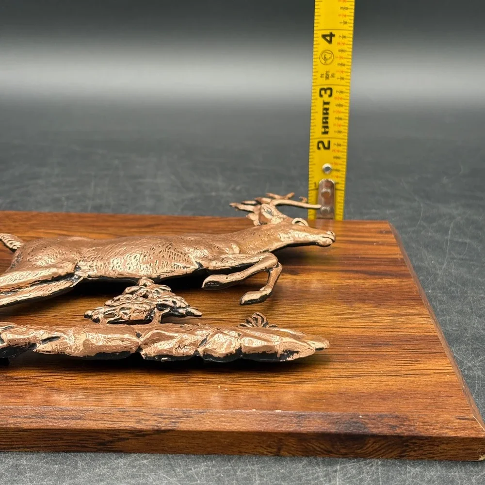 Vtg Set of 2 A&F Canada 3D Leaping Buck Deer Plaques Copper Tone Wood 1330LB